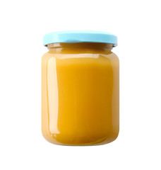 Jar of tasty baby food, isolated on white
