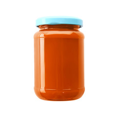 Jar of tasty baby food, isolated on white