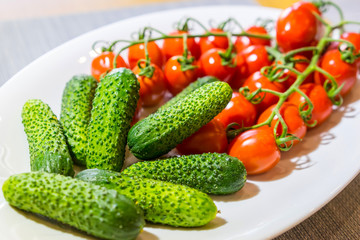 Small tomatoes and cucumbers. Vegetables on a white plate.
