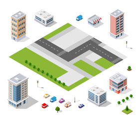  Urban district of the city in isometric landscape town infrastructure of houses, streets and buildings