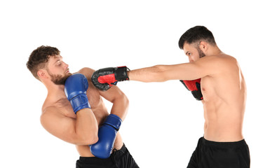 Fototapeta na wymiar Male boxers fighting on white background