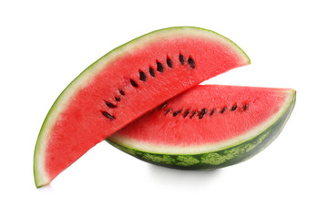 Fototapeta na wymiar Slices of ripe watermelon on white background