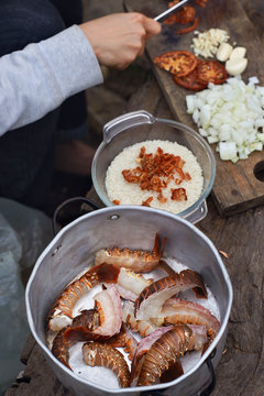 Rustic outdoor cooking seafood