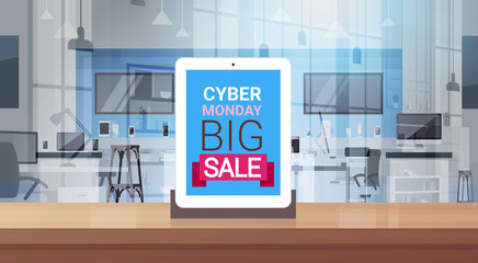 Cyber Monday Big Sale Message On Digital Tablet Screen Over Modern technology Store Background Shopping Banner Design Vector Illustration