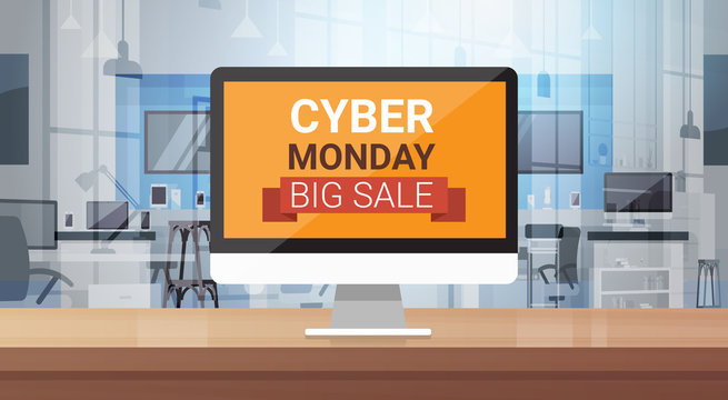 Cyber Monday Big Sale Message On Computer Monitor Over Modern Technology Store Background Shopping Banner Design Vector Illustration