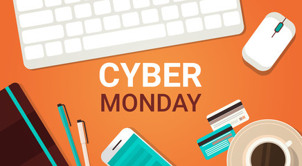 Cyber Monday Poster With Laptop Keyboard, Mouse And Smart Phone On Background, Big Holiday Sale For Online Shopping Poster Concept Vector Illustration