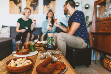 friends are relaxing and chatting together with wine and ready to eat food