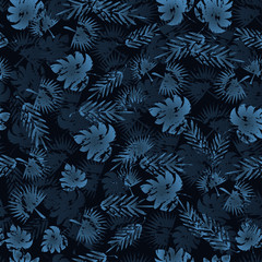 Abstract seamless tropical pattern for girl and boy. Creative vector background, colorful wallpaper with green branches ferns, tropical plants. Print summer exotic jungle plant palm leaves.