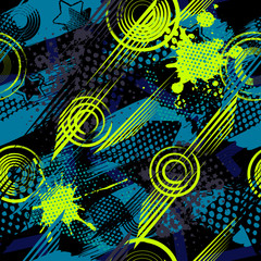 Abstract seamless sport pattern for girls, boys, clothes. Creative vector background with dots, geometric figures,stripes inscriptions.Funny wallpaper for textile and fabric. Fashion sport style.