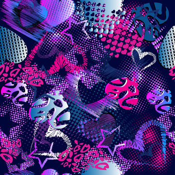 Abstract grunge sport pattern children for girls and boys. Creative vector sport the background with dots, hearts, lines, stars.Funny wallpaper for textile and fabric. Fashion style. Colorful bright.
