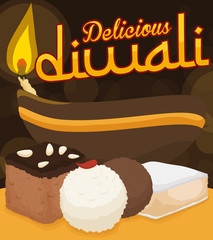Traditional Set of Desserts and Lighted Diyah for Diwali Celebration, Vector Illustration