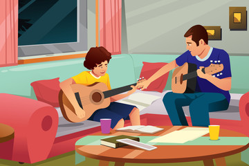 Father Playing Guitar with His Son Illustration