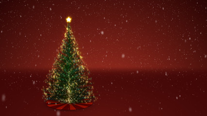 3d illustration of a glowing decorated Christmas tree with snow and a red festive background