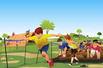 Kids Competing in a Obstacle Running Course Competition