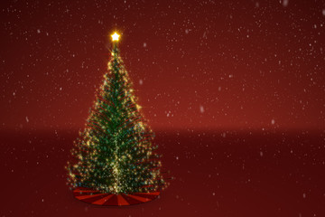 3d illustration of a glowing decorated Christmas tree with snow and a red festive background
