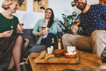 friends are relaxing and chatting together with wine and ready to eat food