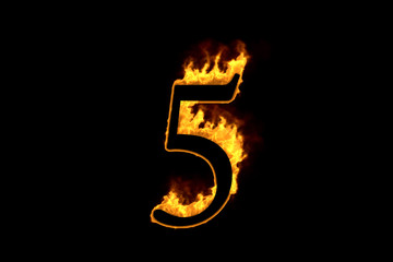 Fire number 5 isolated on black background, 3d illustration