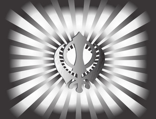 The main symbol of Sikhism – sign Khanda made of white metal. Black-and-white gradient rays