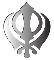 The main symbol of Sikhism – sign Khanda made of white metal, white background, isolated