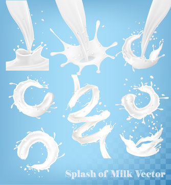 Splash of milk and on transparent background. Vector set
