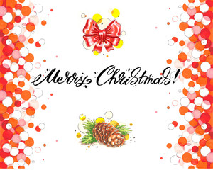 Fototapeta na wymiar Merry Christmas lettering with bow and cone