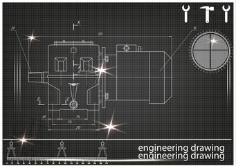 Machine-building drawings on a black background