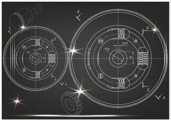 Naklejka premium Machine-building drawings on a black background