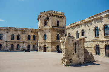Courtyard of old coastal Michael's fortress, echo of war in Sevastopol, Crimea 