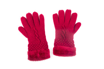 Red thick pair of gloves over white background