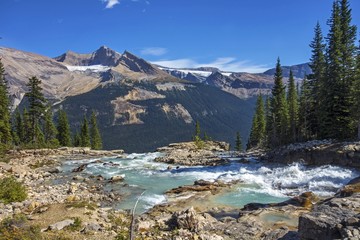 Obraz premium Rocky Mountain Landscape on Great Summer Hiking Trail crossing top of Twin Falls in Yoho National Park British Columbia Canada