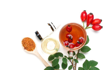 Medicinal plants and herbs composition: Dog rose, bunch branch Rosehips, types Rosa canina hips, essential oil. bunch, Tea with rosehip 
