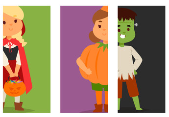 Cute kids wearing Halloween party costumes vector.
