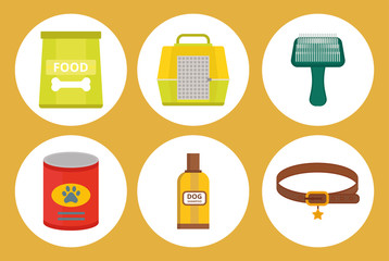 Pug dog playing vector illustration elements set flat style puppy domestic pet accessory.