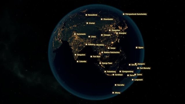Cities of the World. City Names Appears on the Globe with Night Lights. Each City Name is Visible during 2 Seconds. The High-Resolution Texture of City Lights.