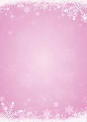 Winter pink christmas background with the snow and snowflake border