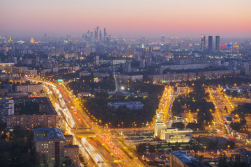 Fototapeta na wymiar City evening landscape of Moscow. Prospect Mira, VDNH, Ostankino