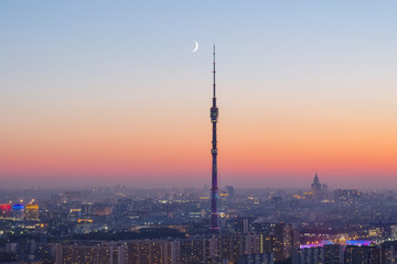 City evening landscape of Moscow with TV Tower Ostankino