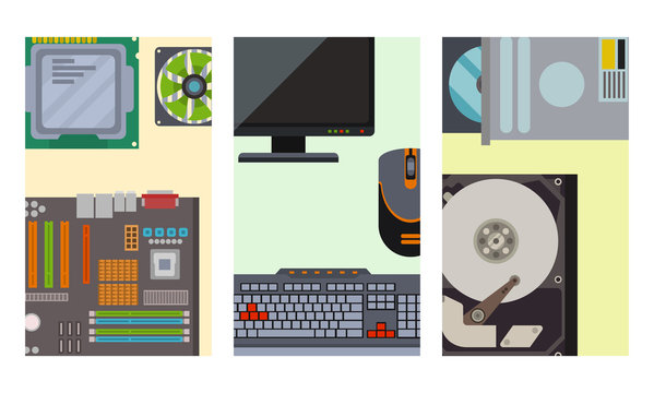 Computer parts network component accessories various electronics devices desktop pc processor drive hardware vector illustration.