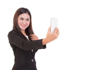 Fototapeta premium Portrait of asian business women selfie isolated on white background . Free from copy space.