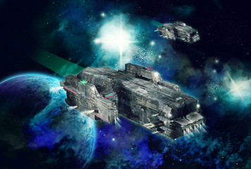 Original 3D illustration. Space fantasy scene with 2 spaceships. Alien planet with clouds, stars and nebula.