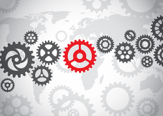 Gears on the world background, in grey colors, vector illustration