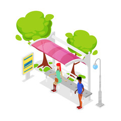 City public transport stop isometric 3D icon. Modern transportation concept, modern town waiting station, urban and countryside traffic vector illustration.