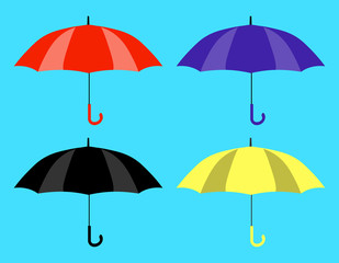 Set of umbrellas icons. Yellow, black, red and purple umbrellas. Flat design Vector Illustration eps