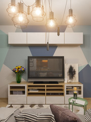 3d illustration living room interior design. Modern studio apartment in the Scandinavian minimalist style. Furniture for TV system