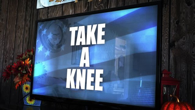 TV with ominious controversial news headline - Take a Knee