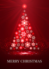Merry christmas tree made from snowflakes on the red background, ector illustration