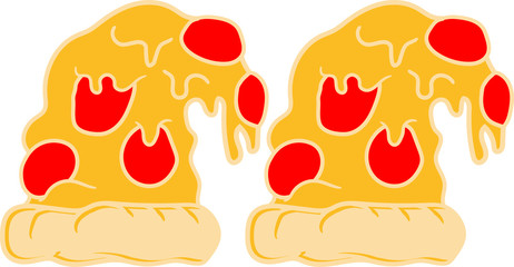 2 pizzen team paar schlapp runter hängen auf dem kopf stück salami pizza lecker essen hunger comic cartoon