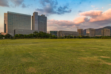 Fototapeta premium beautiful green meadow near modern office building at dusk