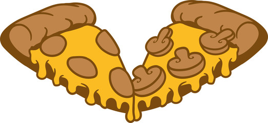 2 paar team stücke pilze champignons funghi käse tropfen stück salami pizza lecker essen hunger comic cartoon