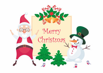 Christmas greeting card with the image of Santa Claus and funny snowman. Vector background.